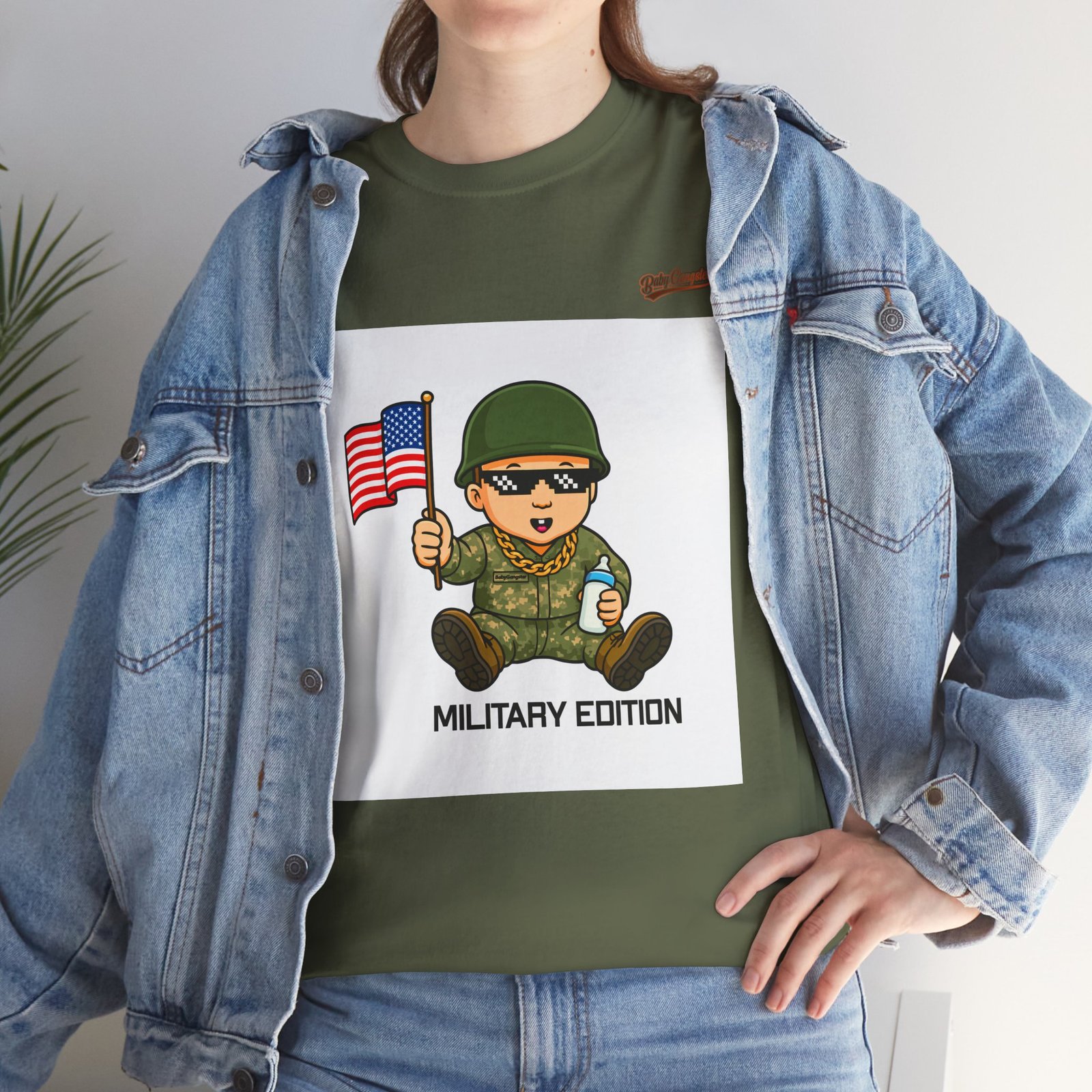 Baby Gangster Military Edition Tee — Cute Soldier Holding American Flag Graphic T-Shirt - Image 5