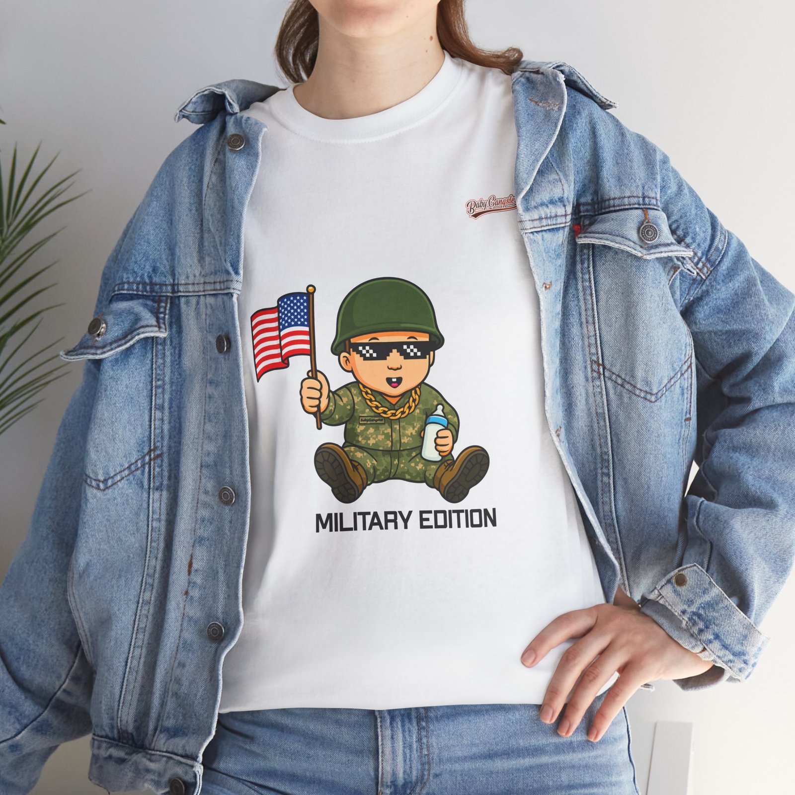 Baby Gangster Military Edition Tee — Cute Soldier Holding American Flag Graphic T-Shirt - Image 6